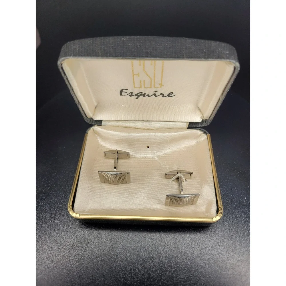 Esquire Cufflinks Silver Tone Rectangular Textured Grid Boxed Excellent